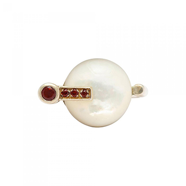 3_Modernist German Mother of Pearl and Garnet Silver Ring