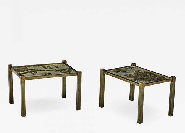 Philip and Kelvin LaVerne Pair of acid etched and patinated bronze Tao side tables Thumbnail
