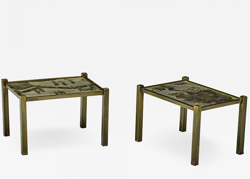Philip and Kelvin LaVerne Pair of acid etched and patinated bronze Tao side tables_Main Image