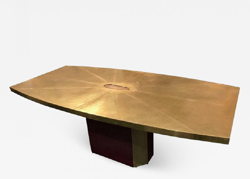 Rare and important acid etched brass dining table w agate inset by Paco Rabanne