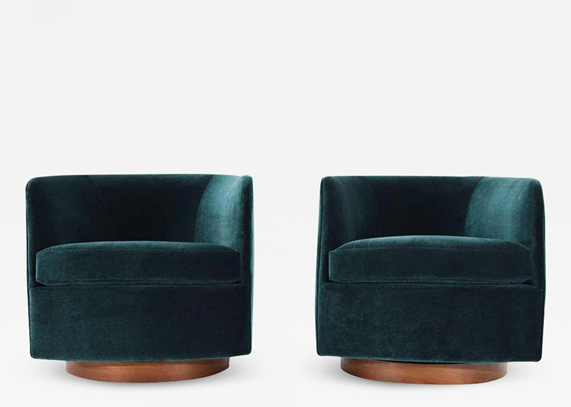 Milo Baughman for Thayer Coggin Tilt Swivel Lounge Chairs in Deep Blue Velvet