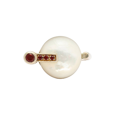 Modernist German Mother of Pearl and Garnet Silver Ring