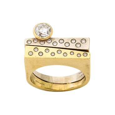 Modernist Two Color Gold Ring and Diamonds