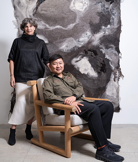 Jiun Ho with Jessica Switzer, Artist + Owner JG Switzer in the Jiun Ho NYC Showroom, shot by Rayon Richards_