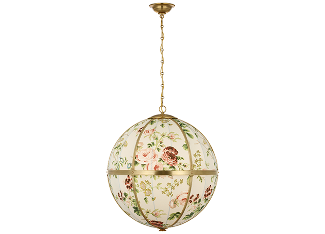 Allister 24_ Framed Globe Chandelier in Hand-Rubbed Antique Brass with Schumacher Blush Salisbury Chintz by Schumacher for Visual Comfort & Co_thumb