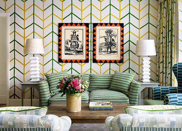 BRAND_Christopher Farr_Custom One Way_Standard Wallpaper_Kit Kemp_Criss Cross_Indoor Woven_Green_Sofa_Kit Kemp_Ham Yard Hotel_Firmdale Hotels_Simon Brown Photography thumb