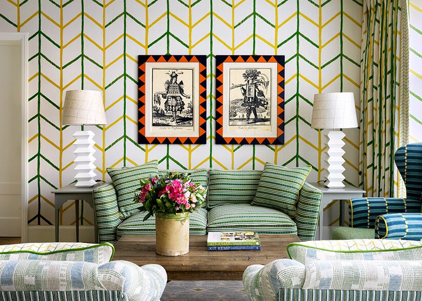 BRAND_Christopher Farr_Custom One Way_Standard Wallpaper_Kit Kemp_Criss Cross_Indoor Woven_Green_Sofa_Kit Kemp_Ham Yard Hotel_Firmdale Hotels_Simon Brown Photography