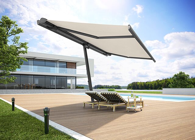 markilux planet in front of a pool with a cassette awning markilux 6000 with beige fabric coverthumb